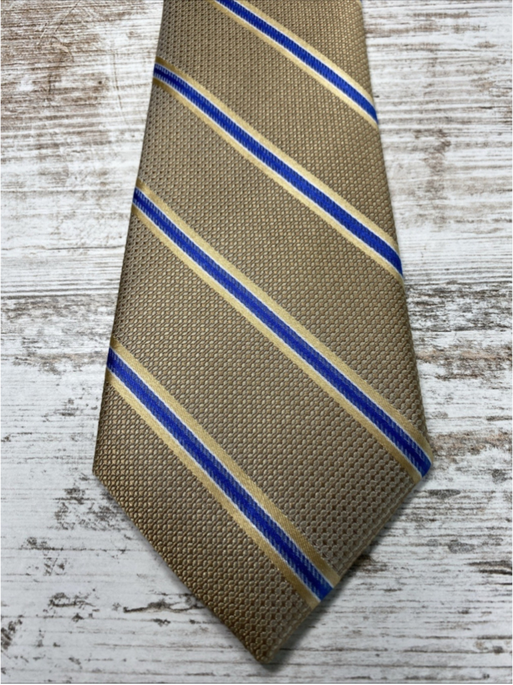 Vintage Cape Cod Neckwear Silk Tie Tan Gold Blue Stripe Woven Textured USA